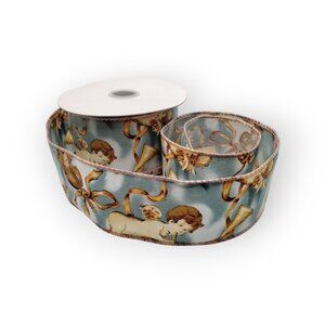 Cherub Wire Edge Fabric Ribbon 2 Inch Wide Blue and Gold - Never Used 6 Yards
